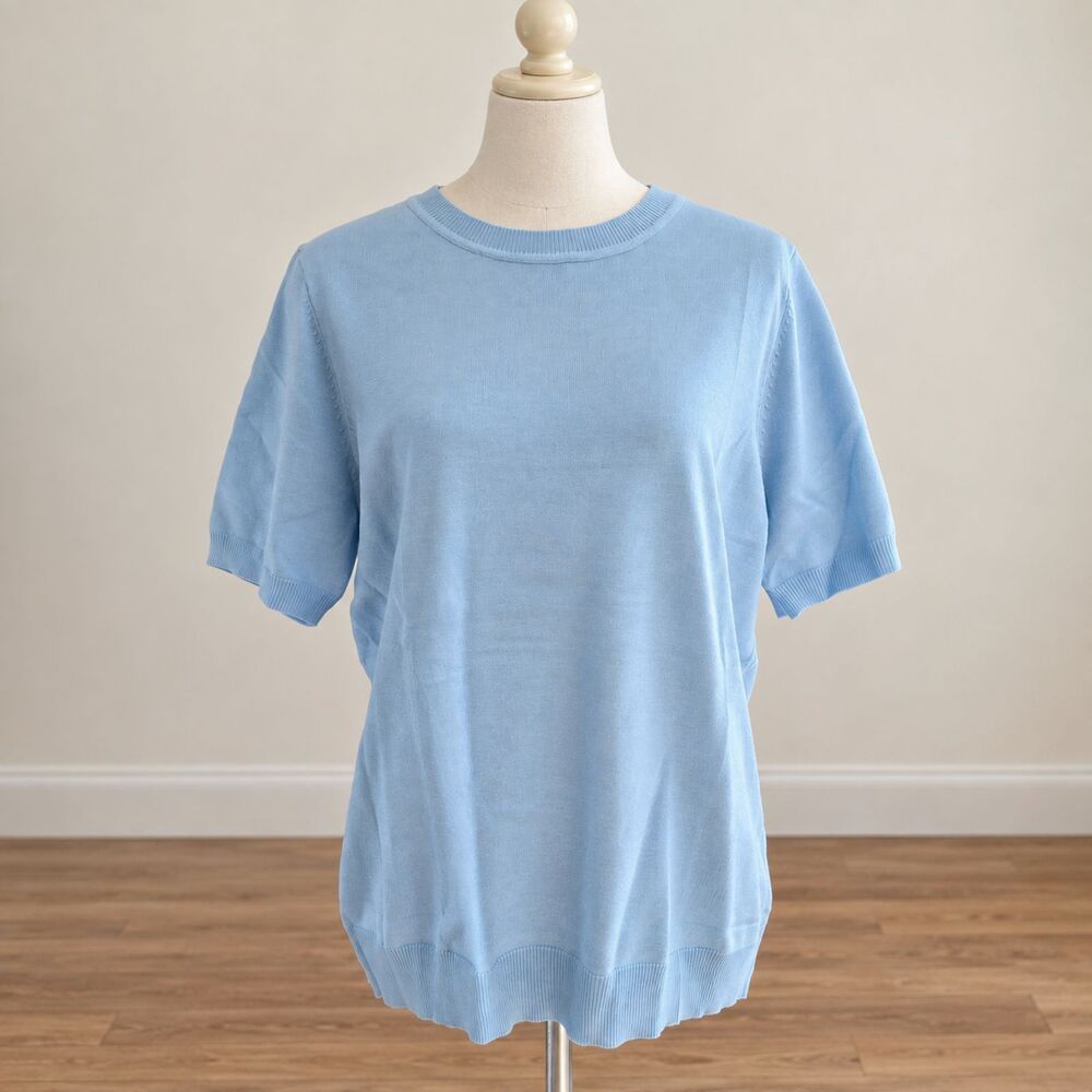 Women’s Short Sleeve Sweater Size L 100% Viscose Crew Neck Pullover Blue NWT